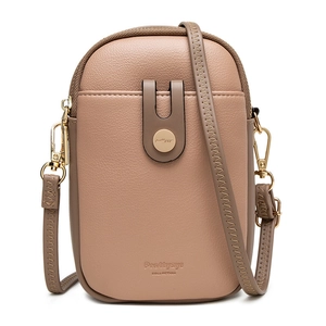 Dusty pink litchi leather crossbody phone bag with card slot and gold hardware