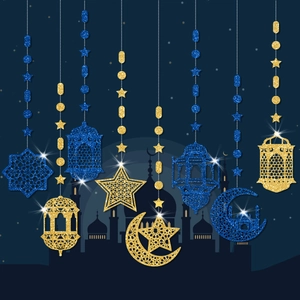 Blue and gold glitter Ramadan hanging ornaments with stars, moons, and lanterns