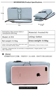 Detailed size specifications for light blue matte PU leather long wallet for women