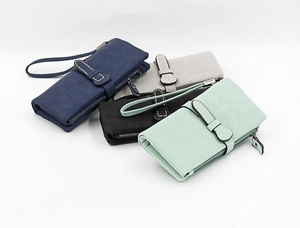 Detailed view of long PU leather wallets in navy, grey, black, and mint green with wrist straps