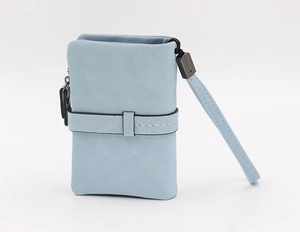 Close-up of light blue leather wallet featuring white stitching and metal zipper detail