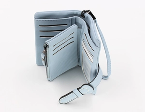 Detailed internal layout of a light blue tri-fold wallet with card slots and wrist strap
