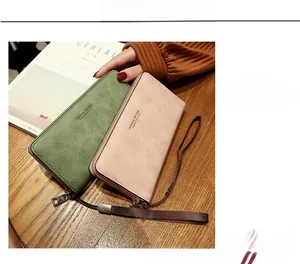 Détails de portefeuilles longs mats à fermeture éclair en vert et rose avec dragonnes