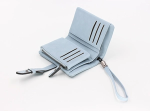 Internal layout of light blue matte leather wallet showing card slots and zipper pocket