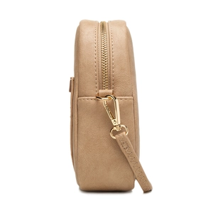 Vertical beige faux leather crossbody phone bag with gold zipper and textured finish