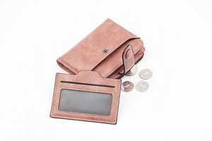 Detail of pink PU leather short wallet with zipper coin pocket and card holder set