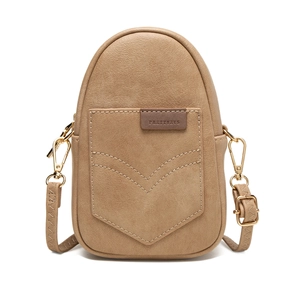 Minimalist light brown PU leather crossbody phone bag with gold metal hardware and adjustable strap