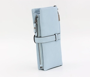 Detail view of light blue matte wallet featuring multi-layer storage and dual zippers