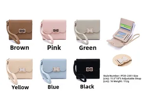 Detailed view of compact PU leather wallets with gold M buckle and multiple color options