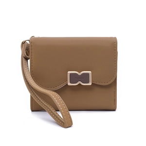 Detailed front view of brown PU leather wallet with golden bow clasp and wrist strap