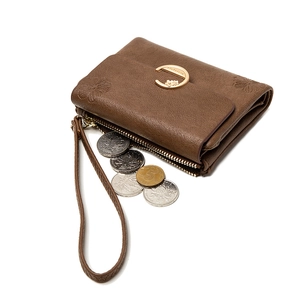 Short brown litchi pattern leather wallet for women with flower buckle and wrist strap