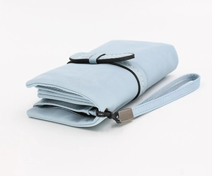 Light blue long wallet with contrast stitching and matching wrist strap detail