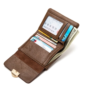 Three-fold brown litchi leather wallet for women with golden buckle and card slots