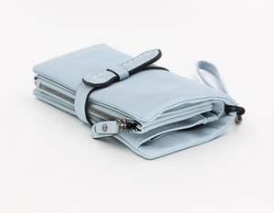 Detailed side view of light blue PU leather long wallet with stitching and zipper pocket