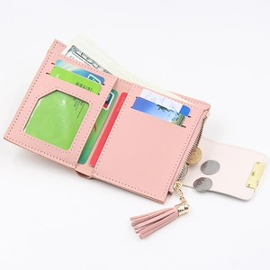 Pink PU leather short folding wallet for women featuring card slots and tassel zipper pocket
