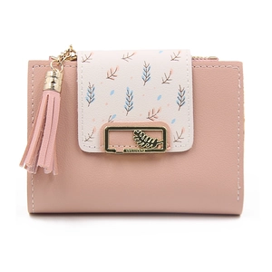 Short women's faux leather wallet in dusty rose with leaf print and tassel accent