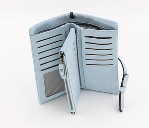 Detail of light blue PU leather long wallet showing multi-card slots and zipper pocket