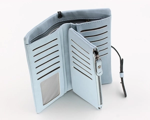 Close-up of light blue PU leather long wallet with multi-card slots and zipper pouch