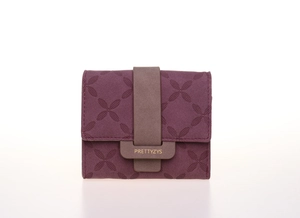 Détail du portefeuille violet à trois volets avec motif floral et fermeture à boucle