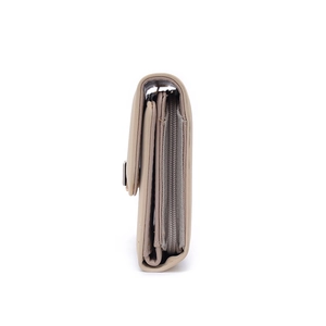 Detailed side view of beige PU leather wallet showing multi-layer design and zipper