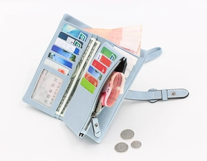 Internal layout of light blue long wallet featuring multi-card slots and a zipper pocket