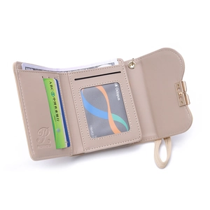Internal view of beige tri-fold wallet showing multiple card slots and cash compartment