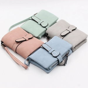 Short faux leather candy-colored women's wallets with bow clasp and wrist strap