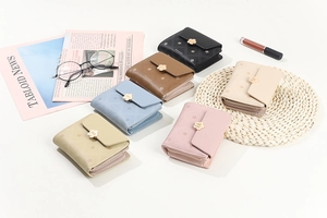 Short PU leather wallets in six pastel colors featuring floral patterns and metal flower clasp