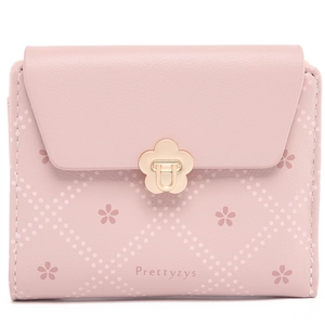 Womens Short Wallet Lychee Texture PU Leather Floral Print Flower Clasp Bifold Card Holder Zipper Coin Pocket