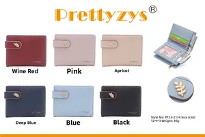 Detail view of compact women's wallet showing six colors and internal multi-card slots