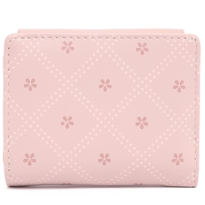 Pink faux leather short wallet with floral print and diamond stitching pattern on white background