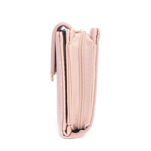 Women's pink short wallet with three-layer storage and zipper closure on white background