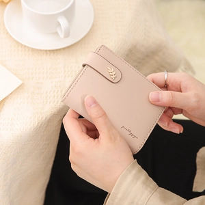 Women's Short PU Leather Folding Wallet With Gold Leaf Buckle Zipper Coin Pocket Mini Card Holder Ladies Fashion Purse