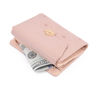Short pink floral bifold wallet with gold flower buckle and zipper coin pocket
