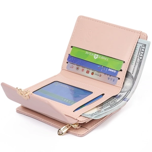 Short pink bifold wallet for women featuring multi-slot card holders and a gold zipper