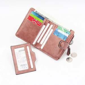 Minimalist PU leather tri-fold wallet for women with multi-card slots in dusty pink