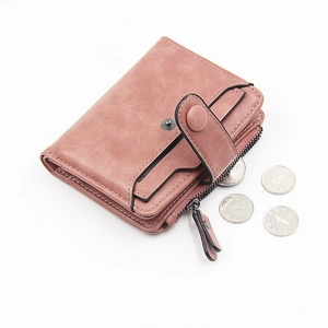 Compact bifold PU leather wallet in dusty rose featuring a zipper pocket and snap closure