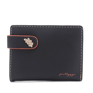 Close-up of black folding wallet with orange edge paint and golden leaf metal buckle detail