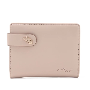 Close-up of nude pink PU leather wallet featuring a golden leaf buckle and logo