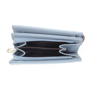Detail of light blue PU leather wallet showing internal zipper coin pocket compartments