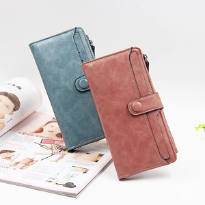 Portafoglio Lungo da Donna in Pelle PU Grande Capacità Clutch Con Cerniera Fibbia Porta Carte Tinta Unita Retro Borsa a Mano Quotidiana