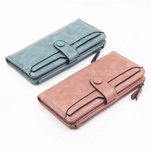 Portafoglio lungo da donna in pelle PU con cerniera e scomparto per carte grigio e rosa