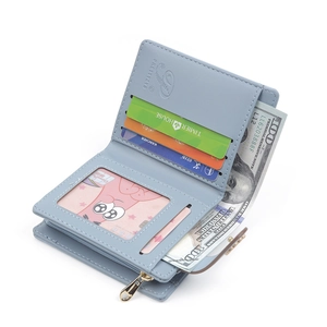Light blue minimalist multi-slot fold wallet with metal zipper and photo window