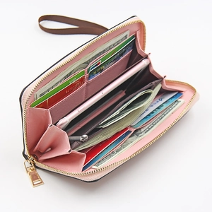 Portefeuille long zippé avec fentes pour cartes et poche téléphone en cuir bicolore