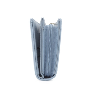 Light blue faux leather bifold wallet with wrap-around zipper pocket and card slots