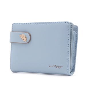 Short light blue PU leather wallet for women with golden leaf clasp and magnetic buckle