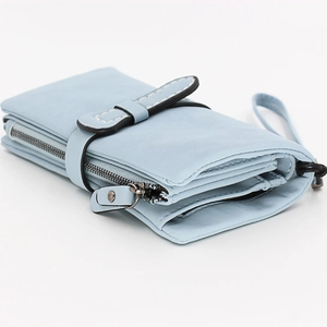 Women long matte wallet in light blue with top stitching and wrist strap in side view