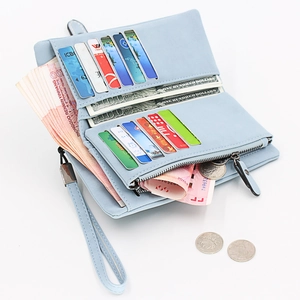 Light blue long PU leather wallet for women with multi-card slots and wrist strap