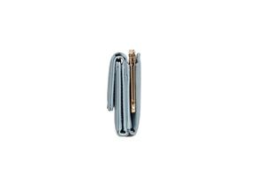 Side view of light blue leather wallet showing multi-layered accordion structure and gold clasp