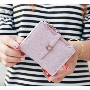 Light purple minimalist litchi grain leather mini wallet with gold zipper and metal buckle